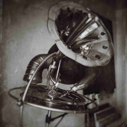 Vintage gramophone with brass horn